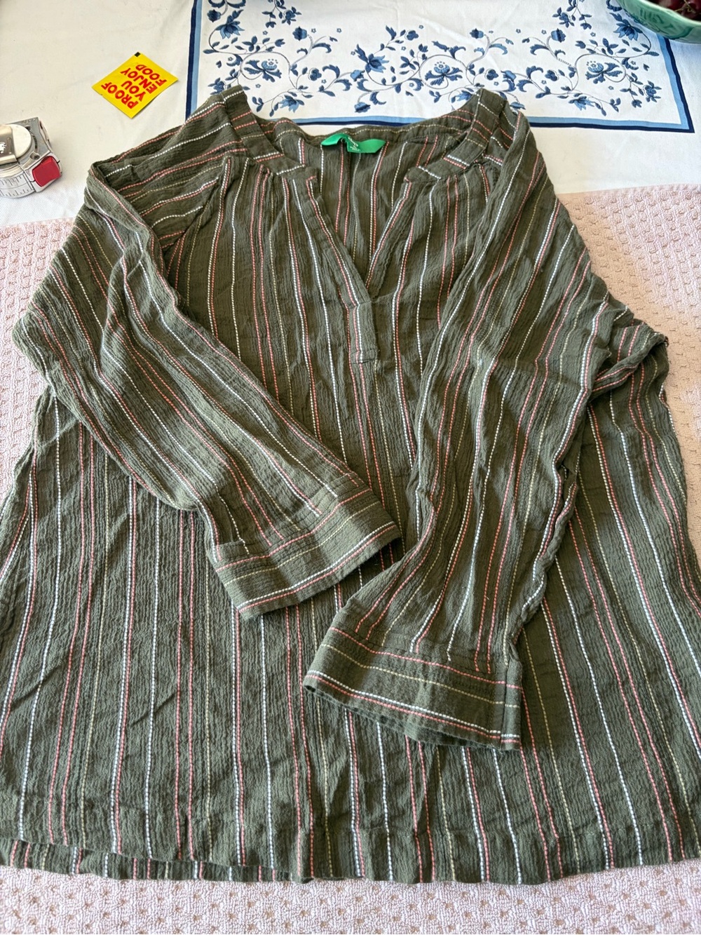 dip Olive Tunic Top with Pink and Cream Pinstripes